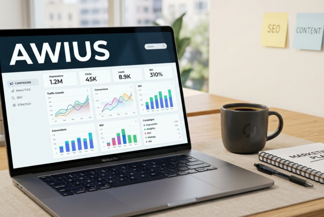 AWIUS marketing tool dashboard on a laptop with business analytics graphs and office workspace elements.