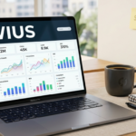 AWIUS marketing tool dashboard on a laptop with business analytics graphs and office workspace elements.