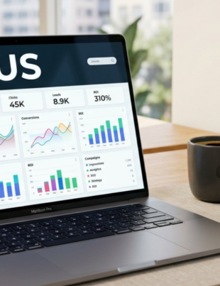 AWIUS marketing tool dashboard on a laptop with business analytics graphs and office workspace elements.