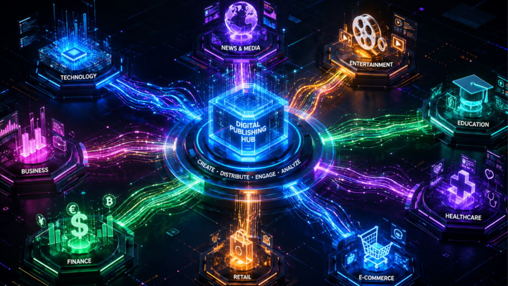 Digital hub connecting business and tech categories.