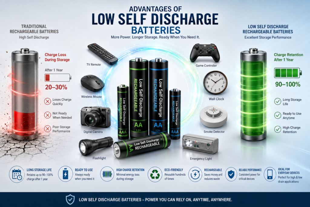 Infographic showing how to choose the best low self-discharge rechargeable AA and AAA batteries.