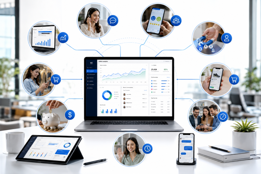 Konversky customer engagement platform with omnichannel CRM, live chat, analytics, and marketing automation dashboard.