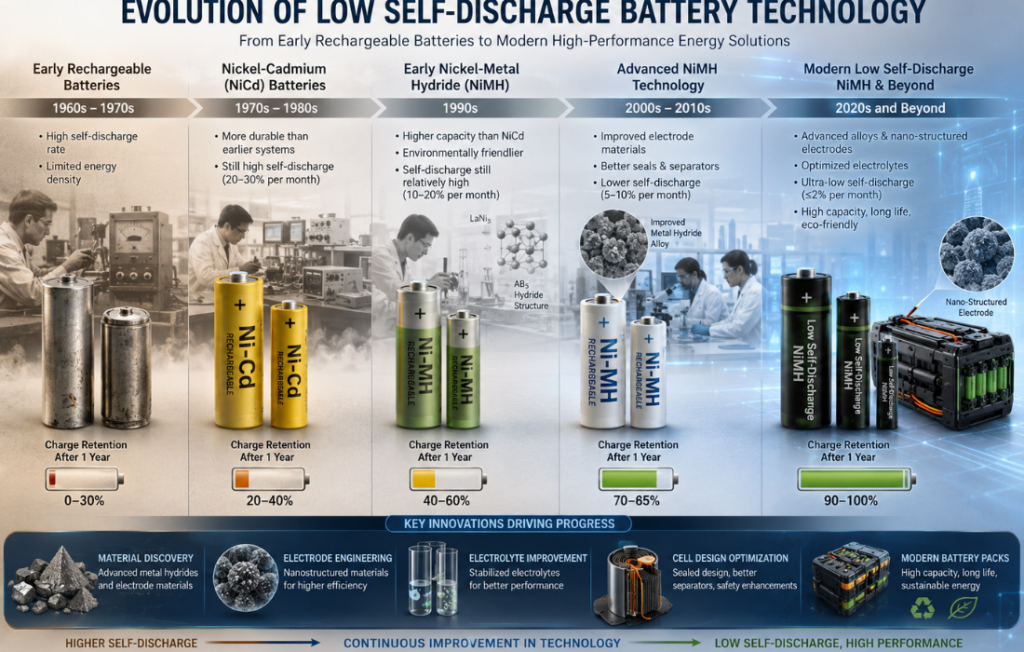 Timeline of low self-discharge battery technology from NiCd to modern NiMH.