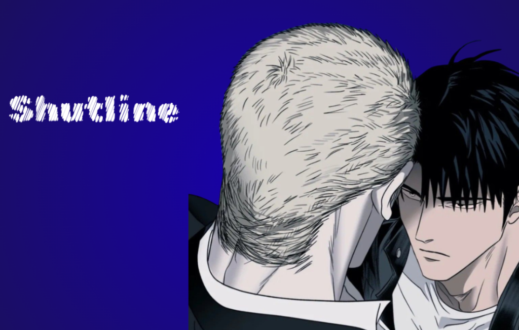 Shutline Chapter 3 webtoon graphic showing a close-up of a blonde-haired man from behind, facing a dark-haired man against a blue background with white text