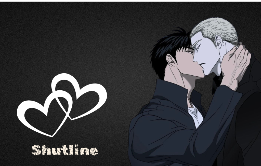 Shutline Chapter 3 webtoon scene showing the main characters, a dark-haired man and a blonde man, leaning in close on a dark textured background with an overlaid white heart graphic