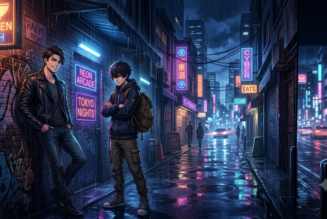 Shutline MangaBuddy Online Free guide featuring an anime-inspired action scene with two original characters in a neon-lit city at night.