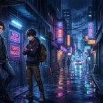 Shutline MangaBuddy Online Free guide featuring an anime-inspired action scene with two original characters in a neon-lit city at night.