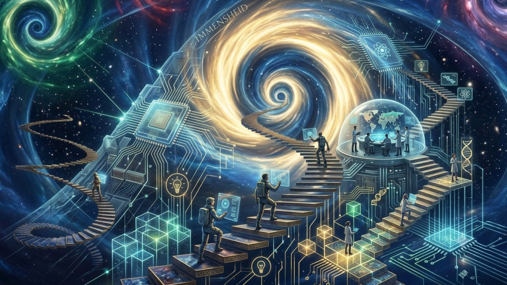 Winding cosmic staircases with human figures and science symbols.