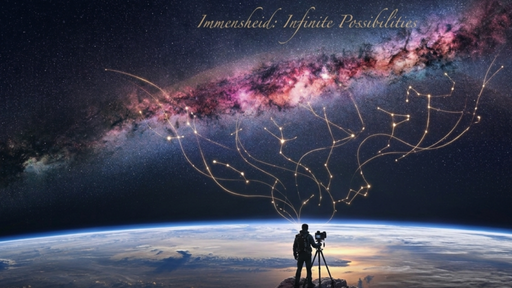 Photographer on mountain under Milky Way galaxy text overlay.