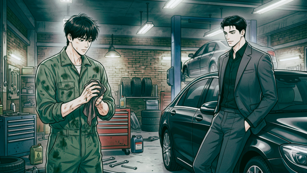 A mechanic is wiping his hands next to a man in a suit in a garage.