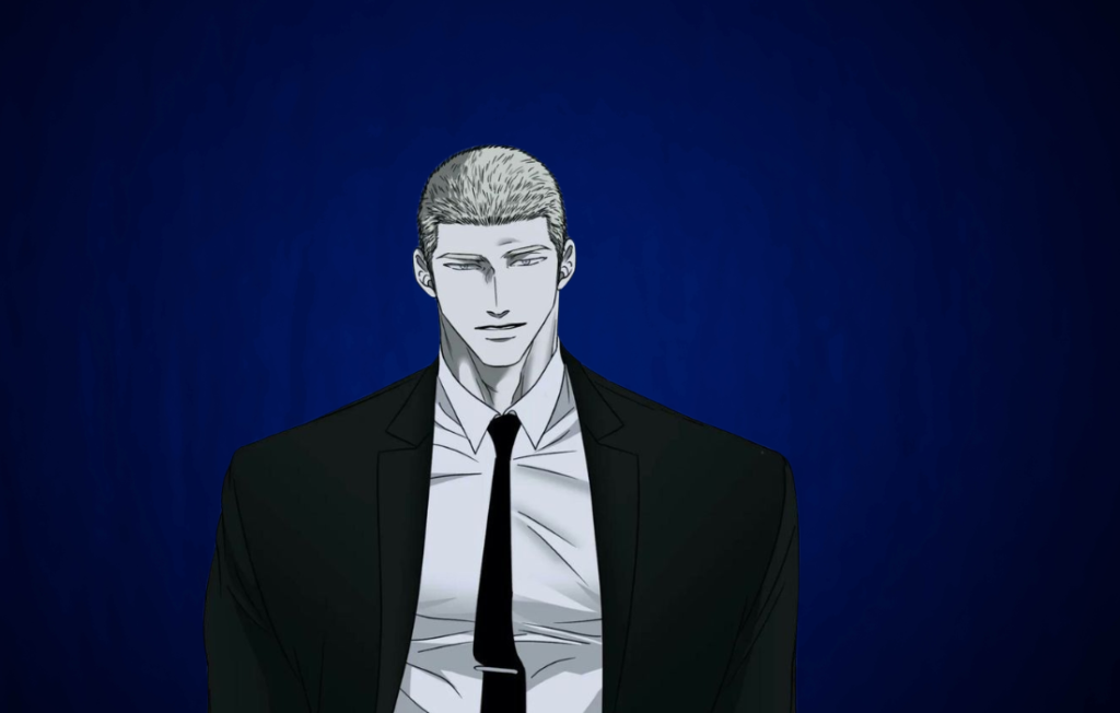 Shutline Chapter 3 webtoon graphic featuring a portrait of the blonde character, Jake, wearing a black suit and tie against a dark blue background