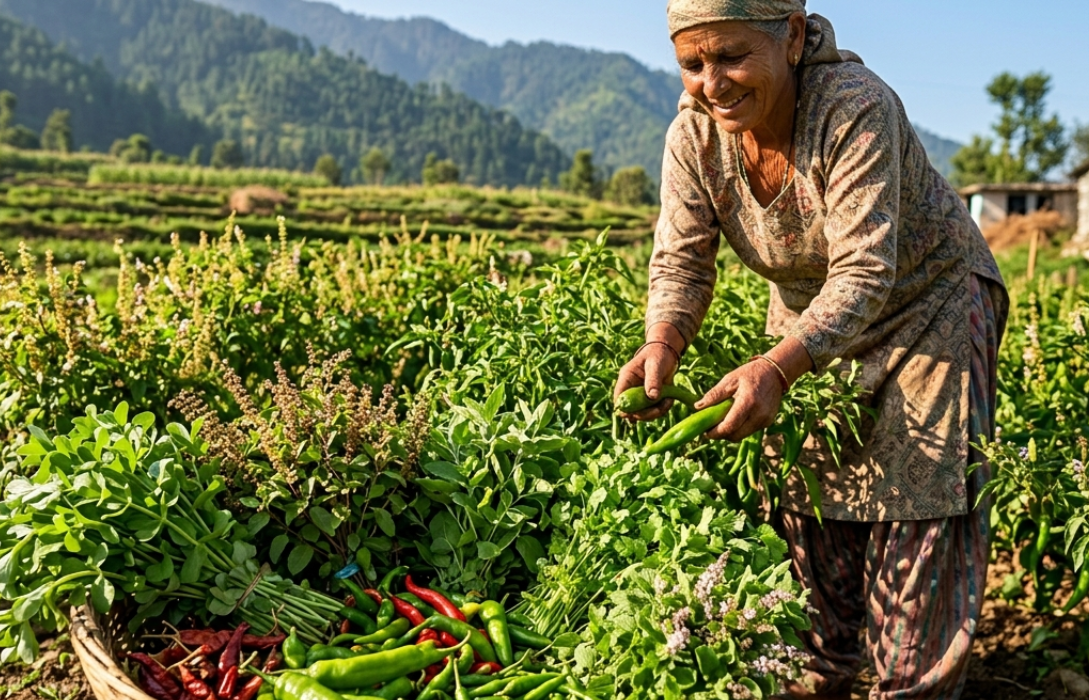 A woman harvesting fresh green herbs and chilies in a field