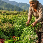 A woman harvesting fresh green herbs and chilies in a field