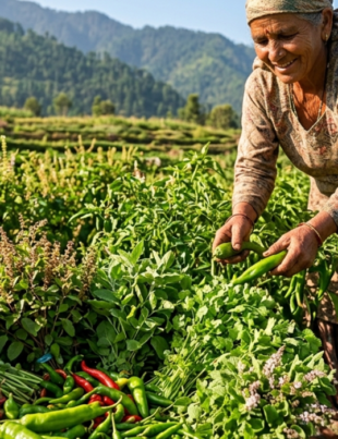 A woman harvesting fresh green herbs and chilies in a field