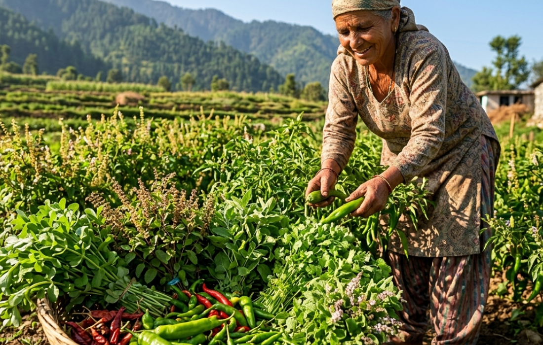 A woman harvesting fresh green herbs and chilies in a field