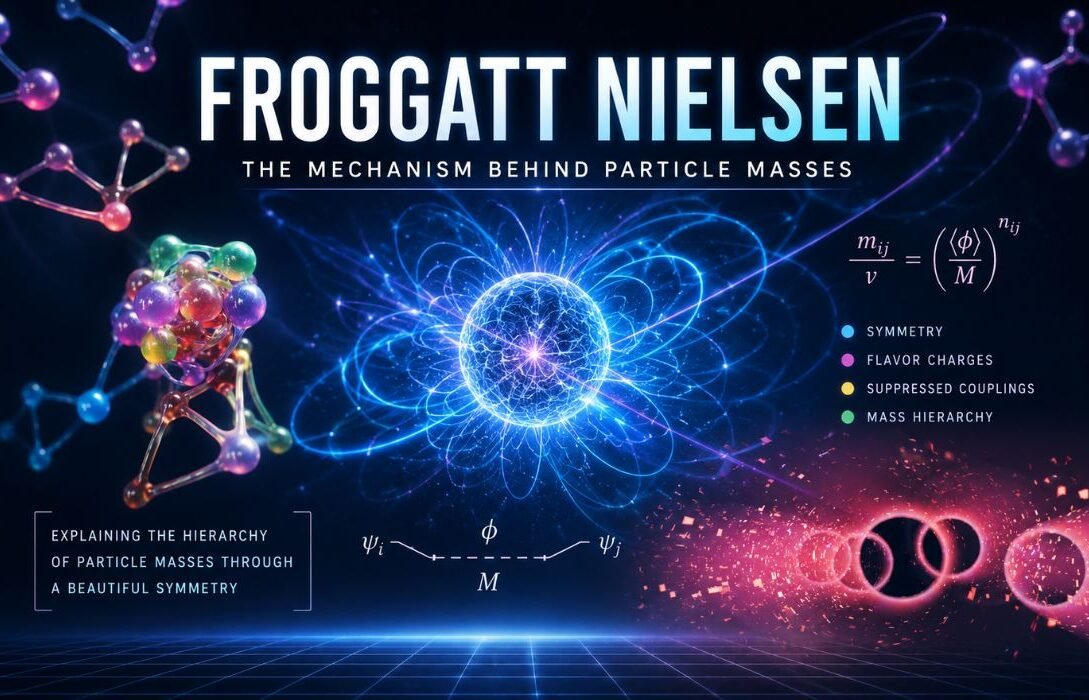Froggatt Nielsen featured image illustrating particle masses, flavor symmetry, quantum interactions and the Froggatt Nielsen mechanism in theoretical physics.