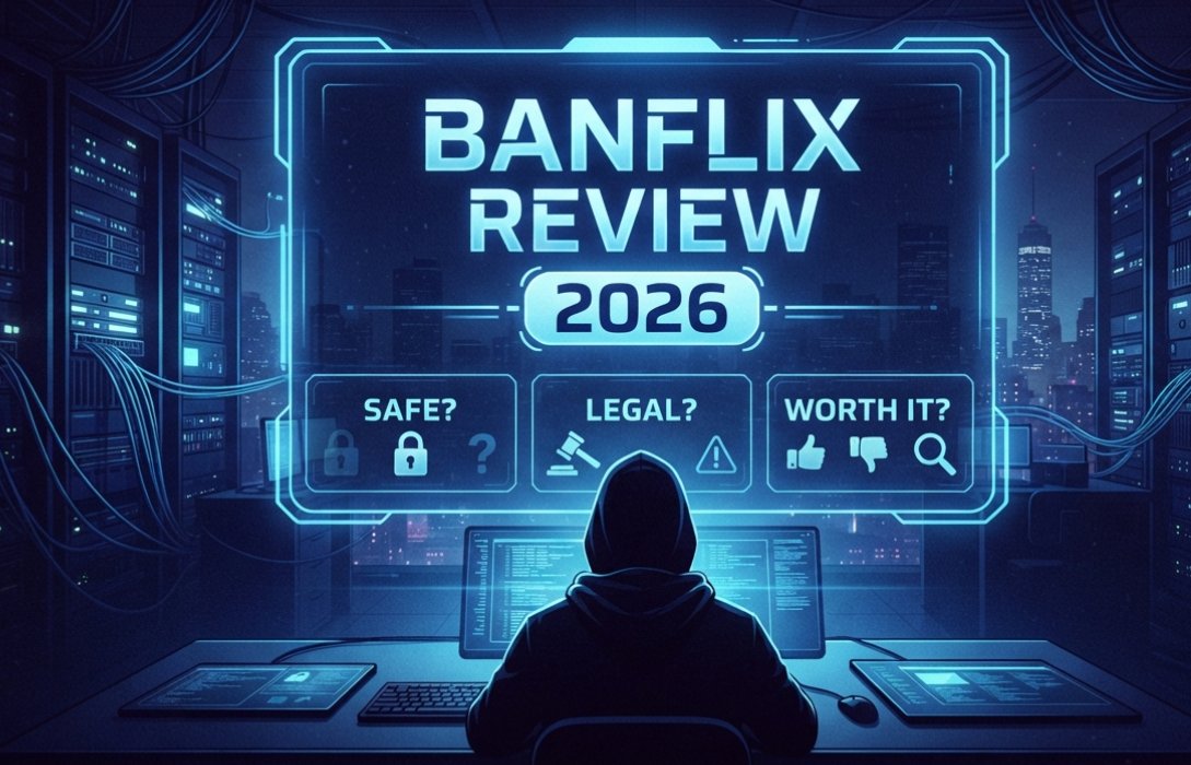 Hacker viewing a Banflix review 2026 screen in a server room.