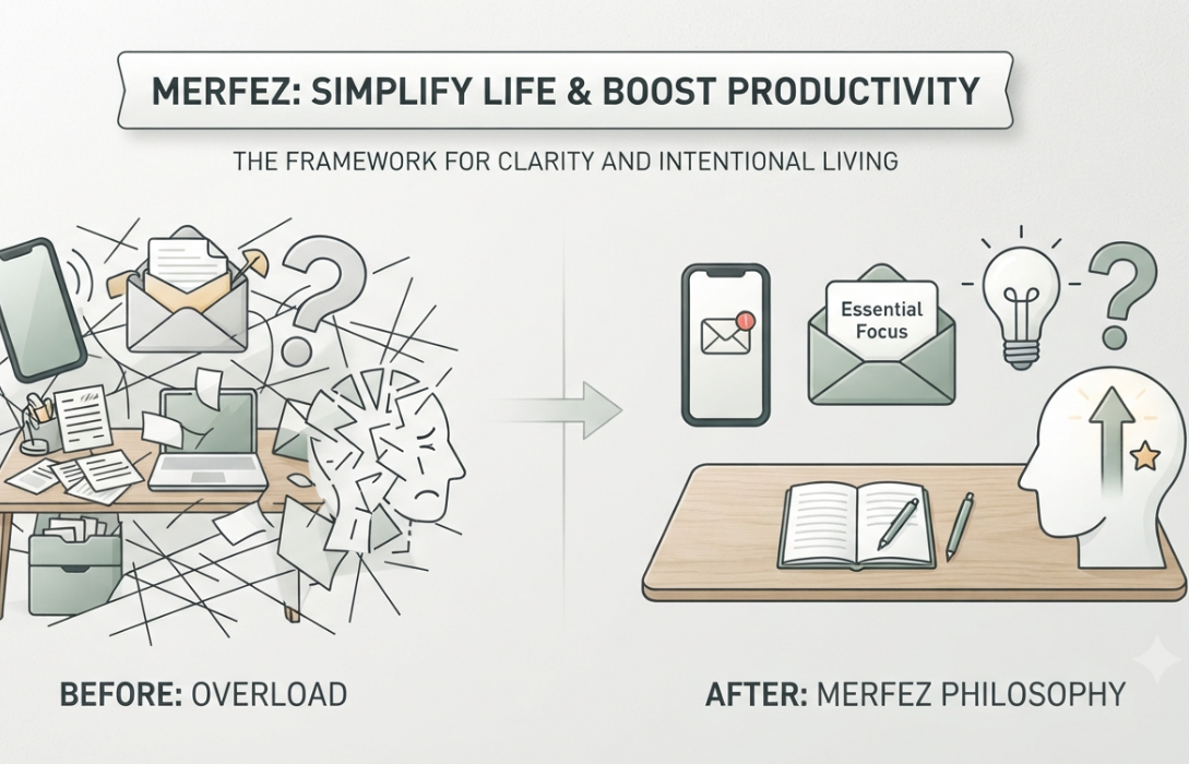 An infographic titled "MERFEZ: SIMPLIFY LIFE & BOOST PRODUCTIVITY" illustrating a transformation from "BEFORE: OVERLOAD," a chaotic desk with a fragmented person, to "AFTER: MERFEZ PHILOSOPHY," an organized desk with a clear, focused person.