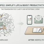 An infographic titled "MERFEZ: SIMPLIFY LIFE & BOOST PRODUCTIVITY" illustrating a transformation from "BEFORE: OVERLOAD," a chaotic desk with a fragmented person, to "AFTER: MERFEZ PHILOSOPHY," an organized desk with a clear, focused person.