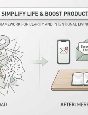 An infographic titled "MERFEZ: SIMPLIFY LIFE & BOOST PRODUCTIVITY" illustrating a transformation from "BEFORE: OVERLOAD," a chaotic desk with a fragmented person, to "AFTER: MERFEZ PHILOSOPHY," an organized desk with a clear, focused person.