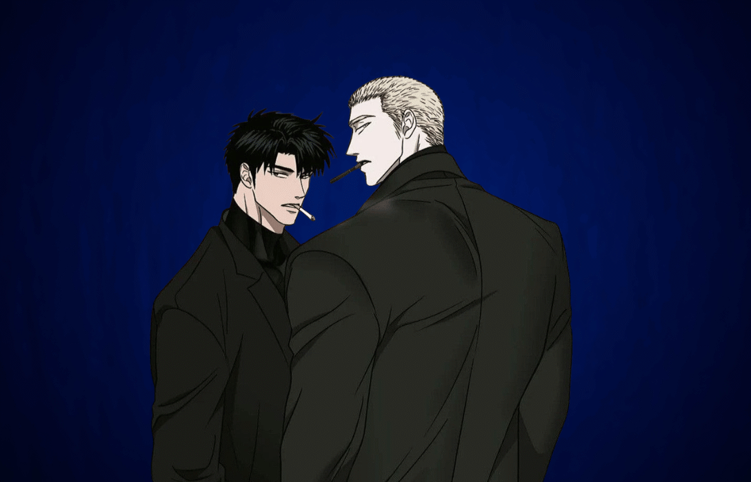 Shin and Jake from Shutline in black coats against a blue backdrop.