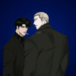 Shin and Jake from Shutline in black coats against a blue backdrop.