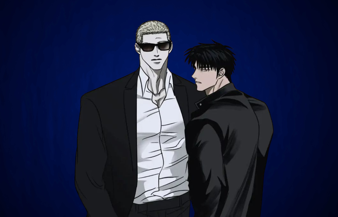 Shutline Chapter 3 webtoon illustration of characters Jake and Shin standing together in dark attire against a vibrant dark blue background