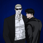 Shutline Chapter 3 webtoon illustration of characters Jake and Shin standing together in dark attire against a vibrant dark blue background
