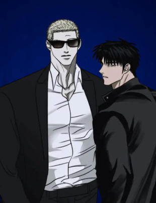 Shutline Chapter 3 webtoon illustration of characters Jake and Shin standing together in dark attire against a vibrant dark blue background