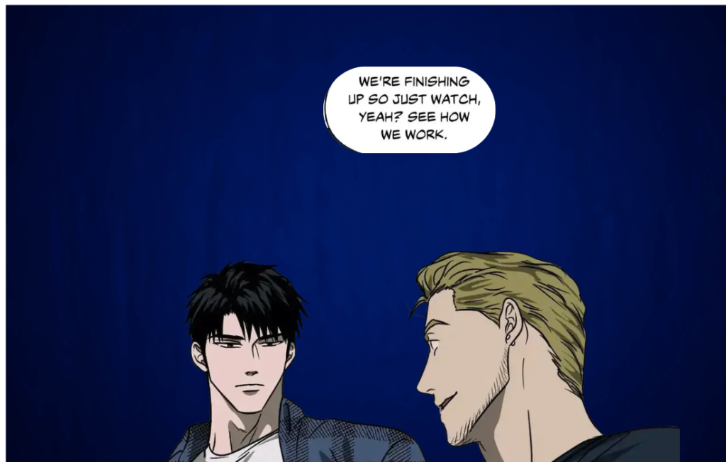 Two characters talking in a panel from Shutline Chapter 8