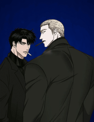 Shin and Jake from Shutline in black coats against a blue backdrop.