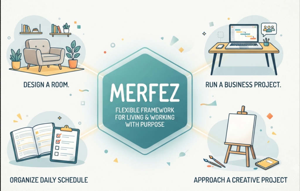 An illustration showing the central "MERFEZ" hexagonal logo with the text "FLEXIBLE FRAMEWORK FOR LIVING & WORKING WITH PURPOSE." Four surrounding panels depict its adaptability: designing a room, running a business project, organizing a daily schedule, and approaching a creative project.