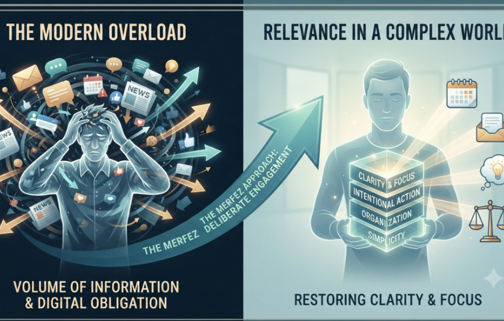 Illustration comparing modern information overload on the left to restored clarity, focus, and intentional action through a structured approach on the right.