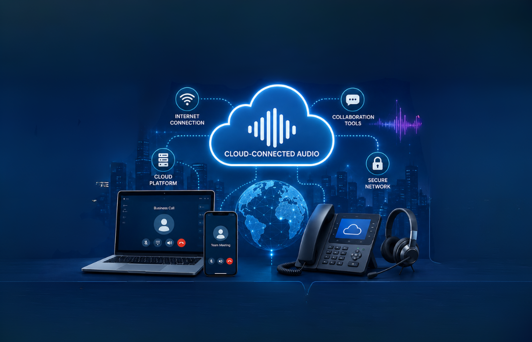Cloud-Connected Audio infographic on unified comms devices.