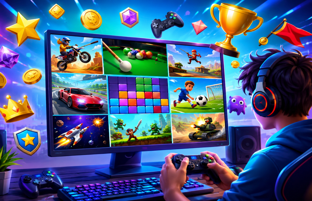 Gamer playing various Mini Cap Games on a PC monitor.