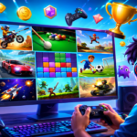 Gamer playing various Mini Cap Games on a PC monitor.