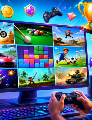 Gamer playing various Mini Cap Games on a PC monitor.