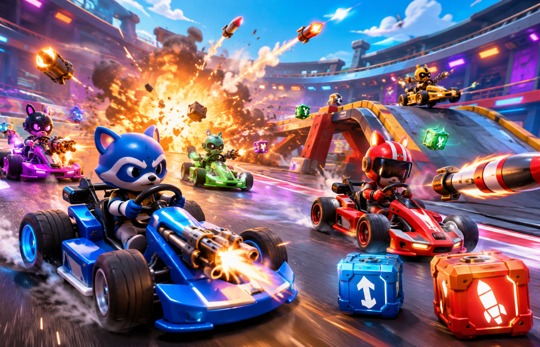 Smash Karts Unblocked 3D battle racing gameplay arena.