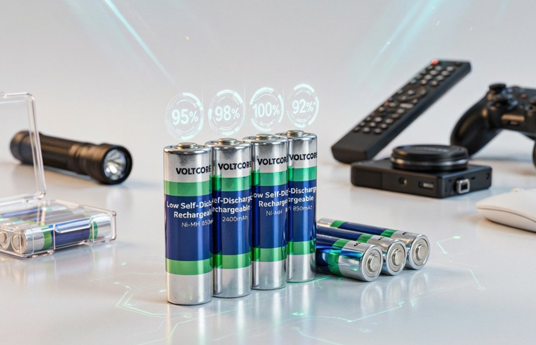 Low self discharge rechargeable AA batteries with long lasting charge retention for flashlights, cameras, and everyday electronic devices.