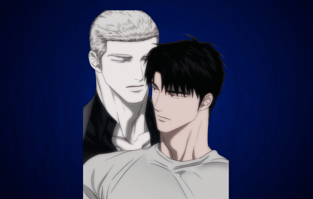 BL manhwa characters featuring a handsome blonde-haired man embracing a dark-haired man against a dark blue background