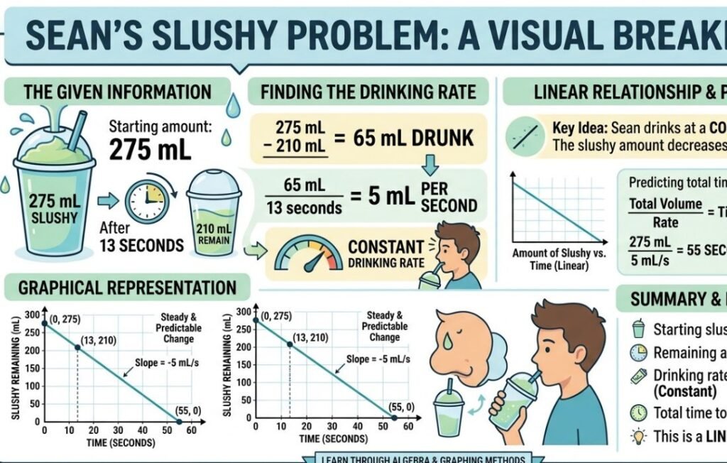 Infographic showing Sean Tried to Drink a Slushy with starting volume 275 mL and 5 mL per second rate graph.