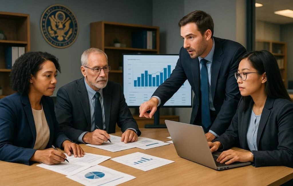 Business team reviewing growth charts and documents during a Global Trader Programme application meeting
