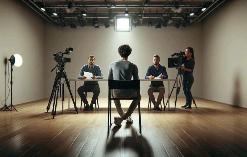 Empire TV Casting Call audition scene showing a man seated in a spotlighted chair facing two panel judges at a table, with camera crew filming in a studio.