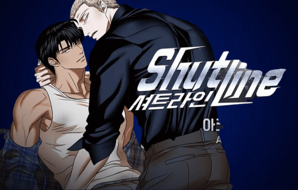 Shutline BL manhwa artwork featuring Jake and Shin in an intense close-up scene with the Shutline logo in the background.