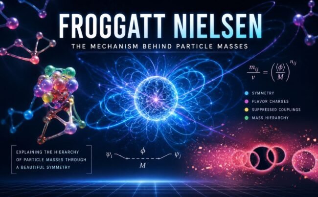 Froggatt Nielsen featured image illustrating particle masses, flavor symmetry, quantum interactions and the Froggatt Nielsen mechanism in theoretical physics.