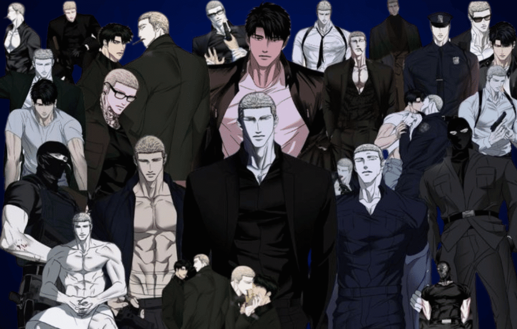 Shutline character collage featuring Jake, Shin, and supporting characters from KYOU's popular BL action manhwa.
