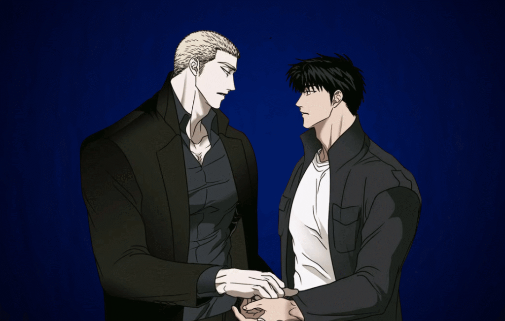 Jake and Shin from Shutline manhwa facing each other while holding hands in an emotional scene against a blue background.