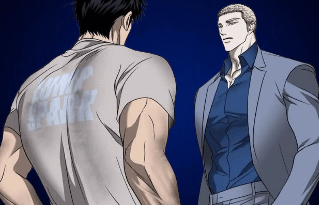 Animation Free to Watch artwork featuring two male characters standing face to face in a dramatic animated scene with a dark blue background.