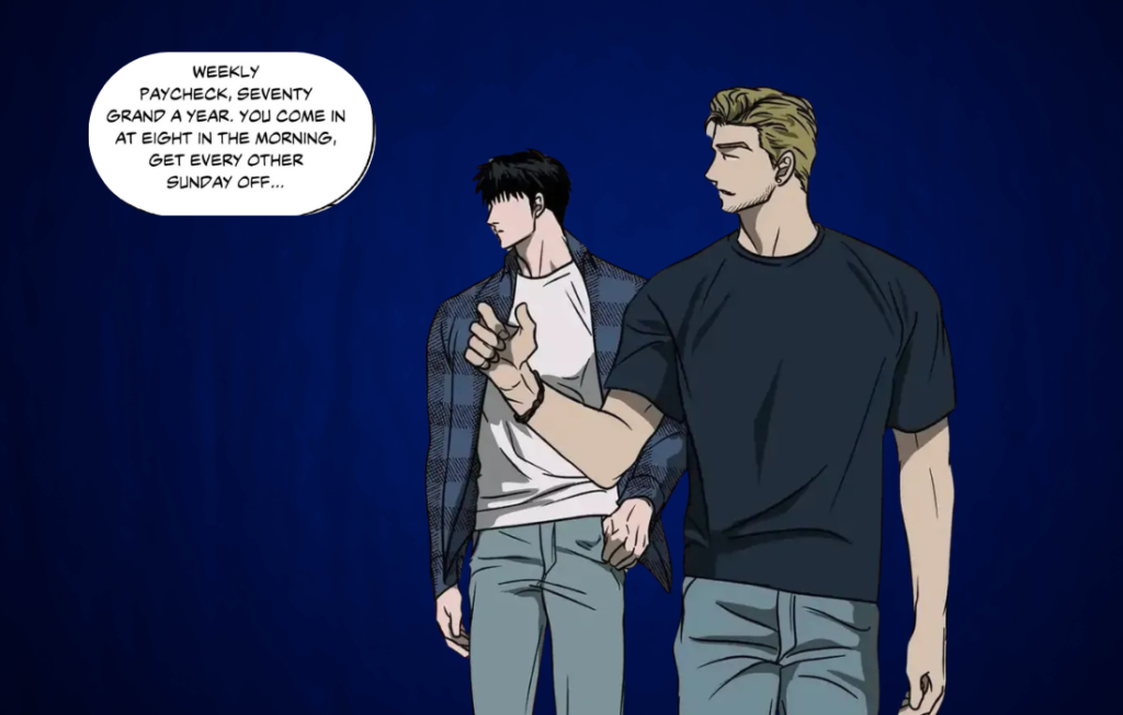 Two main characters talking in a panel from Shutline Chapter 8