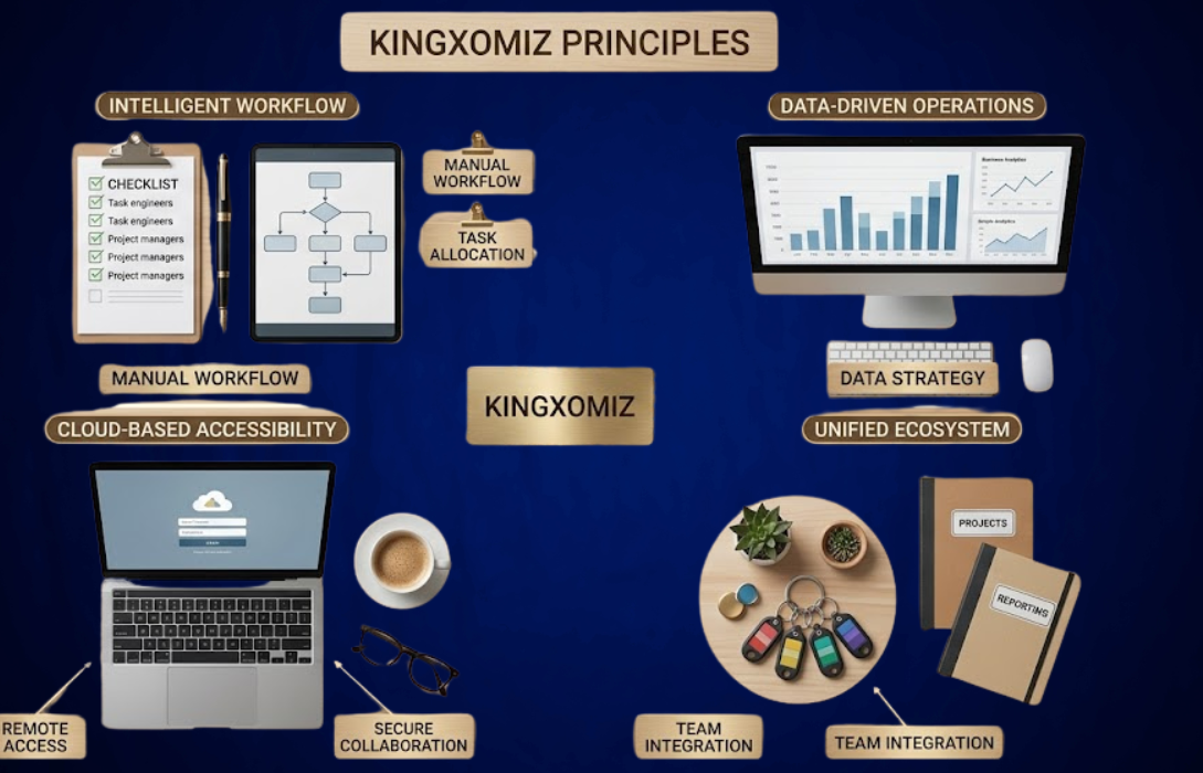 Kingxomiz workflow diagram on a flat lay wood desk layout